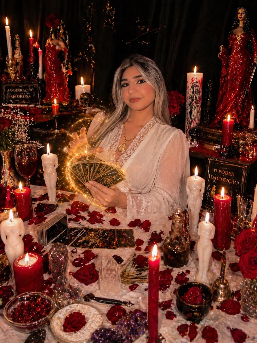 Mesa de trabalho em vermelho, com velas, rosas e Amanda segurando um leque de cartas de tarô.